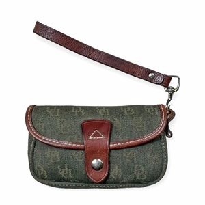 Dooney & Bourke Olive Green Signature Fabric w/Brown Leather Trim Wristlet